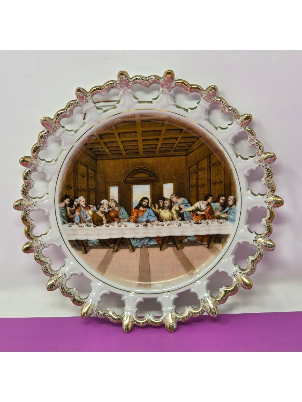 Hand-Painted Artmark Last Supper Plate Decorative Gold Trim & Lace Edge Design